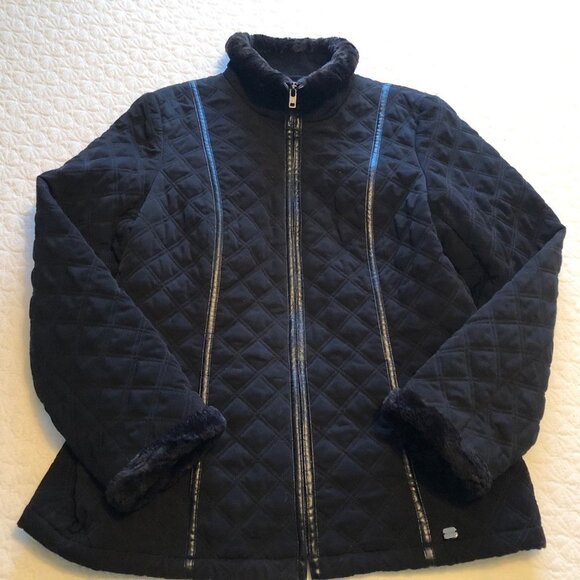 ESPRIT Outerwear Quilted Coat Lined Full Zip Jacket Faux Fur Collar Black Large - Picture 1 of 8